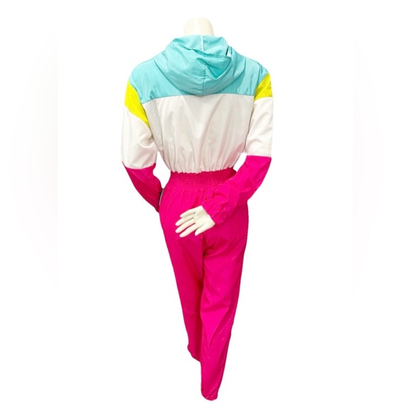 Vintage 80s Colorblock Windbreaker Jumpsuit Pink Teal Women’s M - Picture 3 of 7